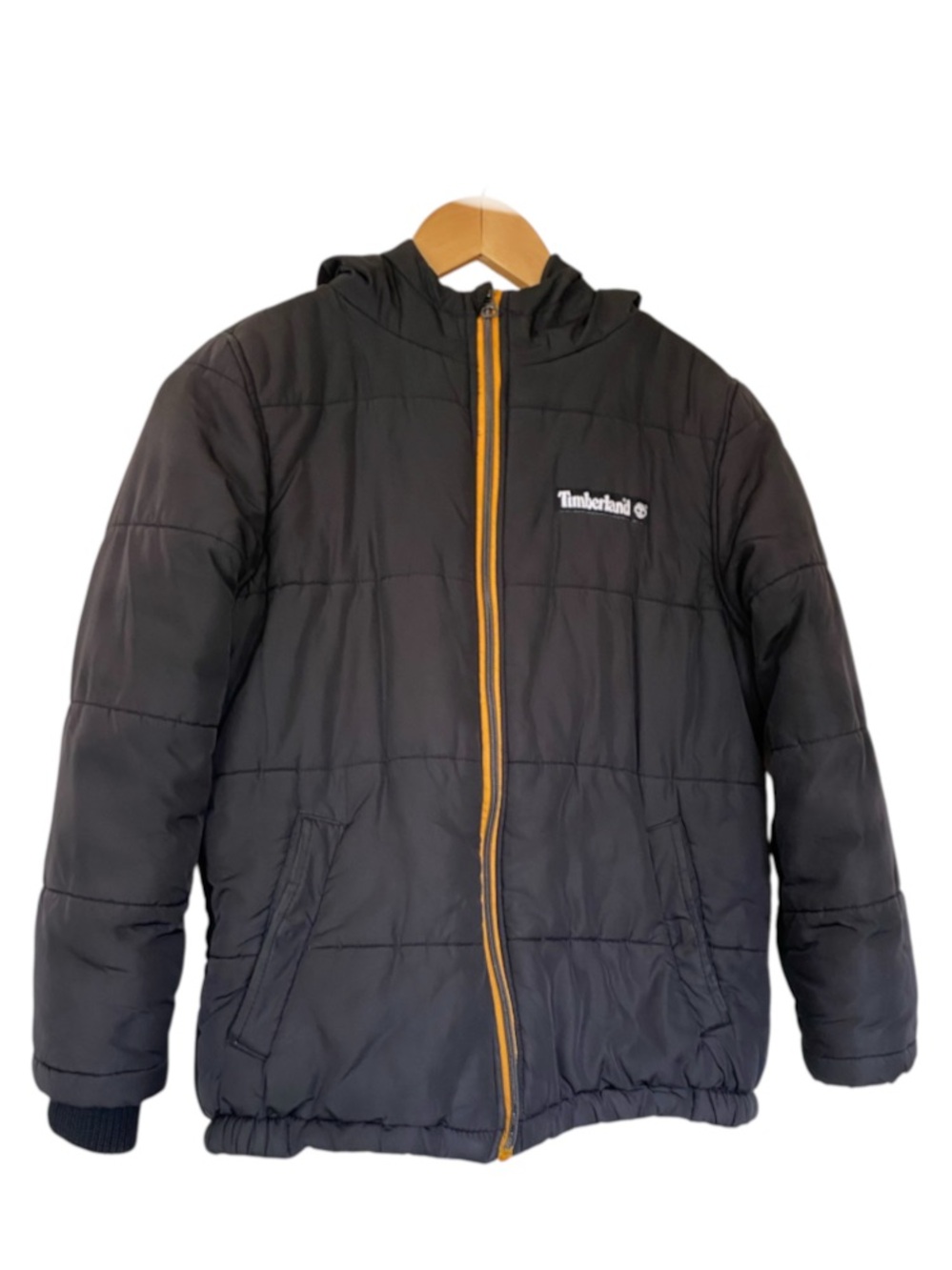 Timberland Kids Black Puffer Jacket with Yellow Zipper